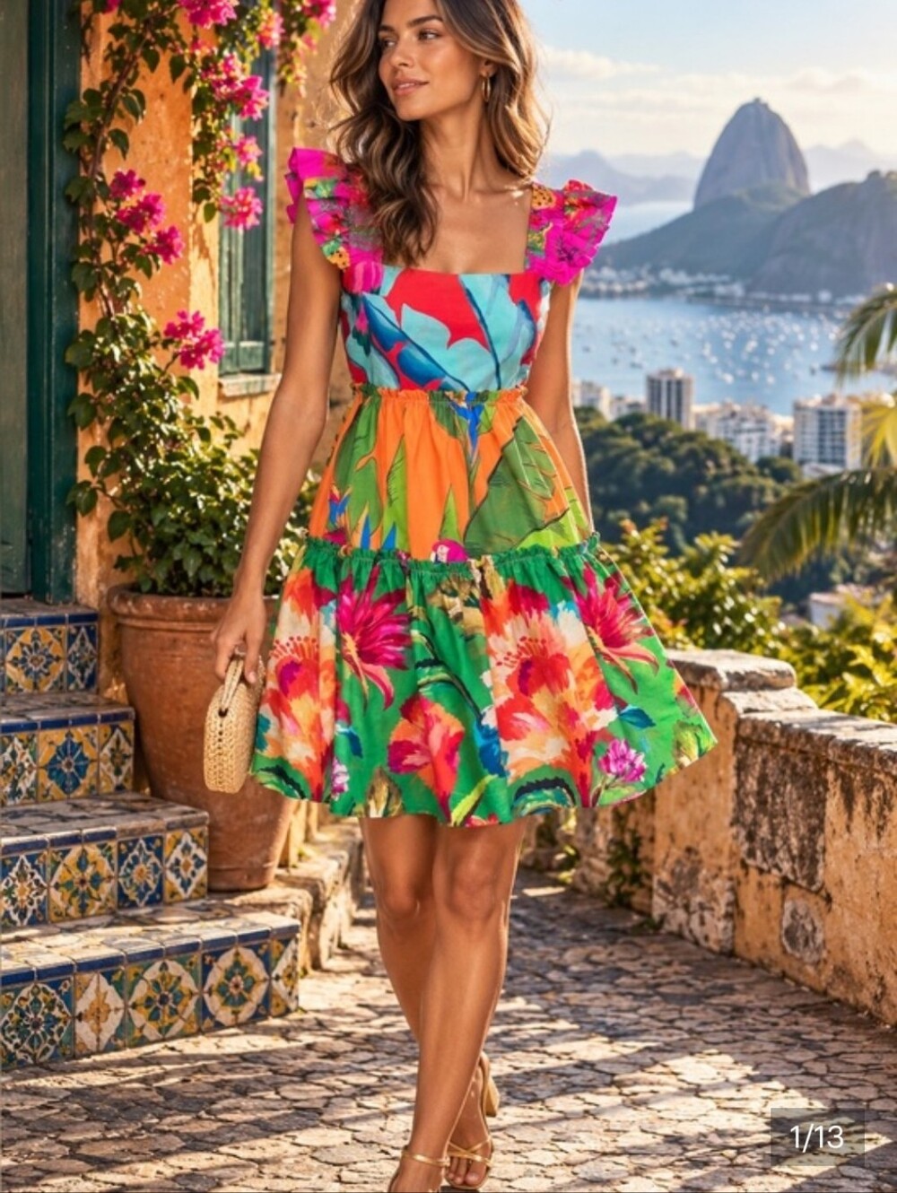 FARM Rio Vibrant Floral Tiered Tropical Sundress